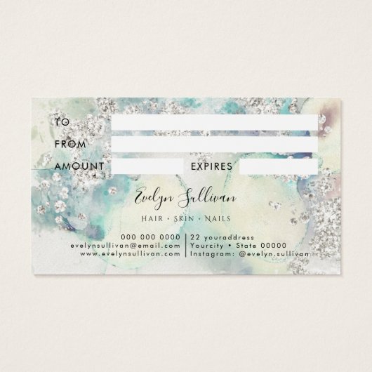 ティール(緑がかった色)水彩銀グリッターギフトカード (裏面)