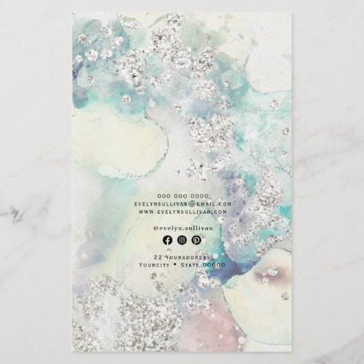 ティール（緑がかった色）水彩銀グリッター価格表表フライヤー チラシ (裏面)