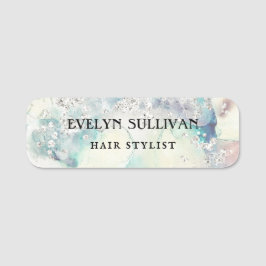 ティール（緑がかった色）水彩銀グリッター名札 名札