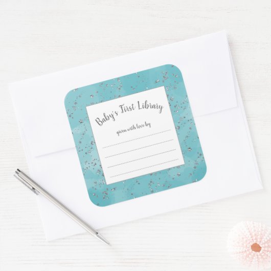 ティール（緑がかった色）水彩銀フェイク星塵蔵書票 スクエアシール (封筒)