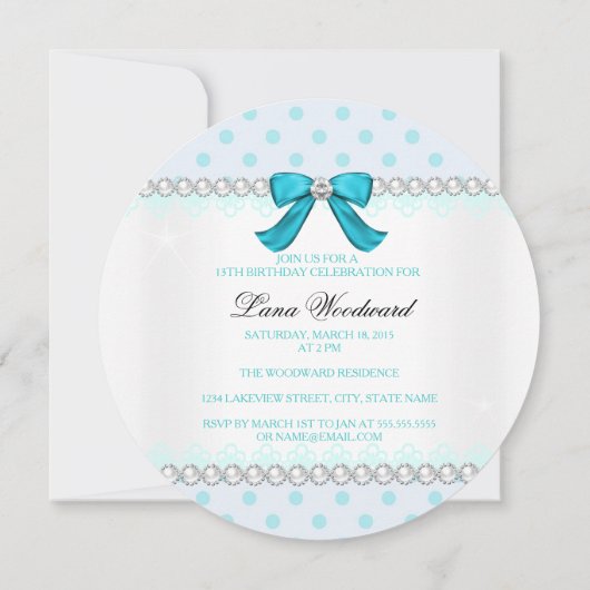 ティール（緑がかった色）水玉模様ガールズ13th誕生日パーティー 招待状 (裏面)