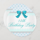 ティール（緑がかった色）水玉模様ガールズ13th誕生日パーティー 招待状 (正面/裏面)