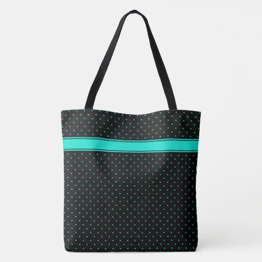 ティール（緑がかった色）水玉模様パターンオンブラック名前をカスタムする文字 トートバッグ (裏面)
