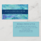 ティール(緑がかった色)水色の背景(青いバナー付きストライプ) 名刺 (正面/裏面)