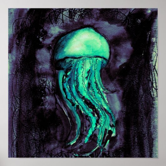 ティール(緑がかった色)水色クラゲ ポスター (正面)