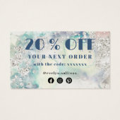 ティール（緑がかった色）水色シルバーグリッター割引カード (裏面)