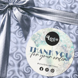 ティール（緑がかった色）水色シルバーグリッター感謝していあなたシール ラウンドシール