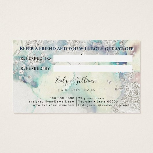 ティール（緑がかった色）水色シルバーグリッター紹介カード (裏面)