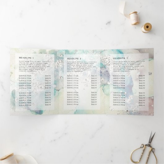 ティール（緑がかった色）水色シルバーグリッター3折パンフレット 三つ折りカード (内部)