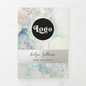 ティール（緑がかった色）水色シルバーグリッター3折パンフレット 三つ折りカード (カバー)