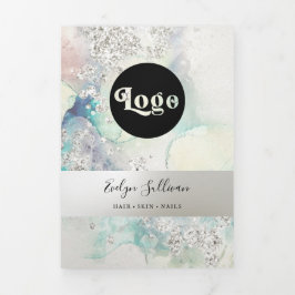 ティール（緑がかった色）水色シルバーグリッター3折パンフレット 三つ折りカード