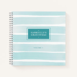 ティール（緑がかった色）水色ストライプパーソナライズされた感謝 ノートブック
