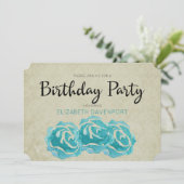 ティール(緑がかった色)水色バラオンタンダマスク誕生日パーティー 招待状 (スタンド正面)