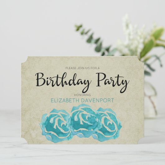 ティール(緑がかった色)水色バラオンタンダマスク誕生日パーティー 招待状 (スタンド正面)