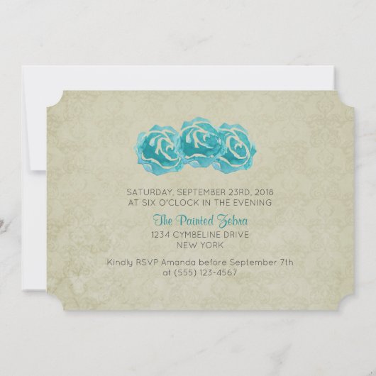 ティール（緑がかった色）水色バラオンタンダマスク誕生日パーティー 招待状 (裏面)