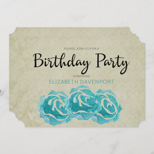 ティール（緑がかった色）水色バラオンタンダマスク誕生日パーティー 招待状 (正面/裏面)