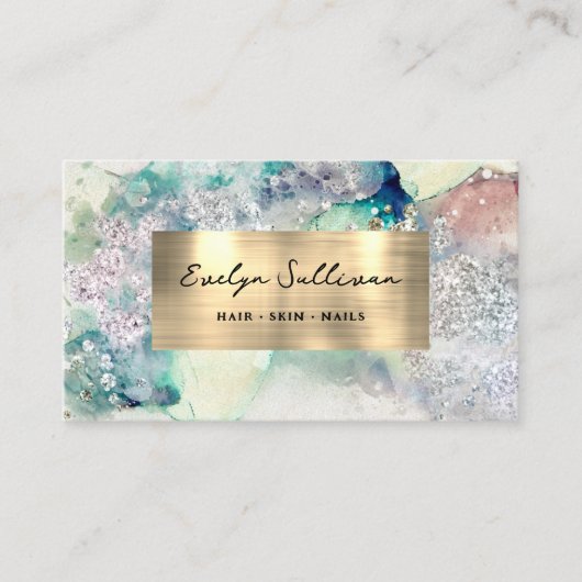 ティール（緑がかった色）水色フェイク金ゴールド箔名刺 名刺 (正面)