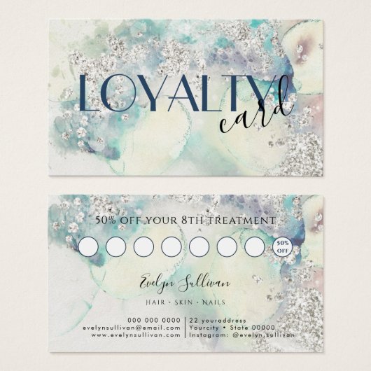 ティール(緑がかった色)水色銀グリッターロイヤリティカード (正面&裏面)