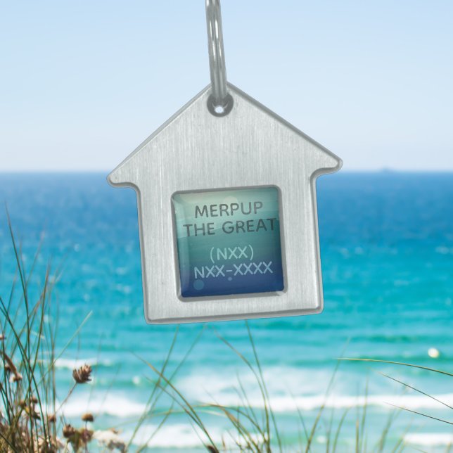 ティール（緑がかった色）水色銀色ハウスドッグラベル ペットネームタグ (Add your pup's name and number to this cute silver beach house dog tag)