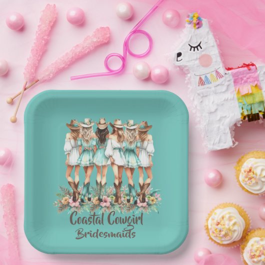 ティール（緑がかった色）沿岸女性のカーボーイブリデスメイドスクエアプレート ペーパープレート (パーティー)