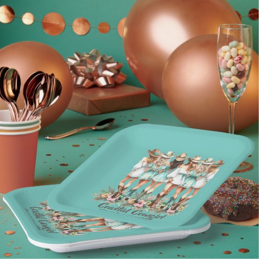 ティール（緑がかった色）沿岸女性のカーボーイブリデスメイドスクエアプレート ペーパープレート (複数)