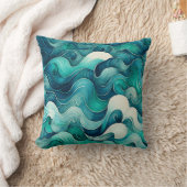 ティール(緑がかった色)海ウェーブビーチハウス クッション (ブランケット)