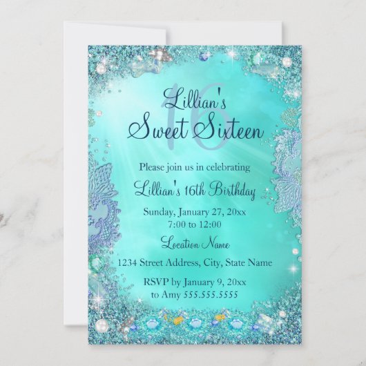 ティール（緑がかった色）海ジュエルスウィート16バースデーパーティー2 招待状 (正面)