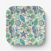 ティール（緑がかった色）海獣パターン ペーパープレート (正面)