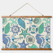 ティール(緑がかった色)海獣パターン 吊り下げ型タペストリー (正面)