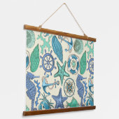ティール(緑がかった色)海獣パターン 吊り下げ型タペストリー (傾斜あり)