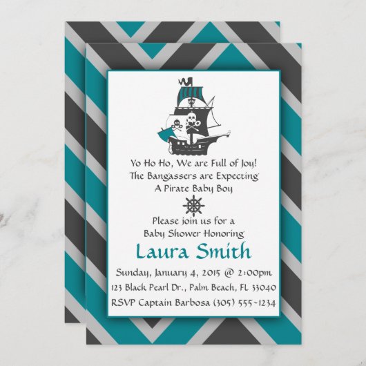 ティール(緑がかった色)海賊ベビーシャワー招待状 招待状 (正面/裏面)
