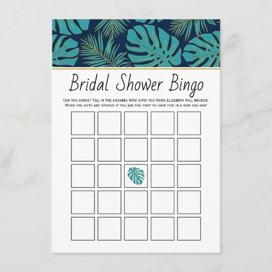 ティール(緑がかった色)、海軍の熱帯葉ブライダルビンゴゲームカード エンクロージャーカード (正面)