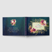 ティール（緑がかった色）、海軍、グリーン、金ゴールドはっきりした花模様結婚ズ ゲストブック (全面)