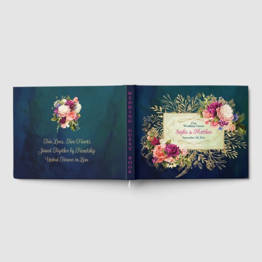ティール（緑がかった色）、海軍、グリーン、金ゴールドはっきりした花模様結婚ズ ゲストブック (全面)