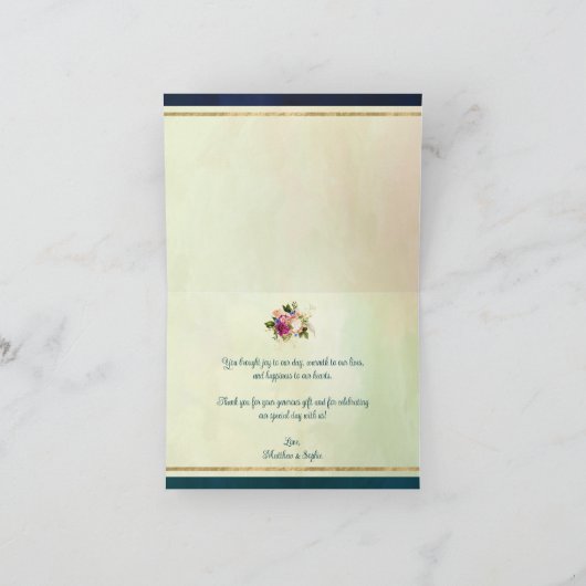 ティール（緑がかった色）、海軍、グリーン、金ゴールドはっきりした花模様結婚ズ サンキューカード (内部)
