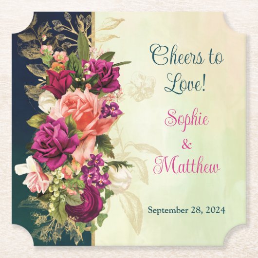 ティール(緑がかった色)、海軍、グリーン、金ゴールドはっきりした花模様結婚ズ ペーパーコースター (正面)