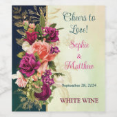 ティール(緑がかった色)、海軍、グリーン、金ゴールドはっきりした花模様結婚ズ ワインラベル (シングルラベル)