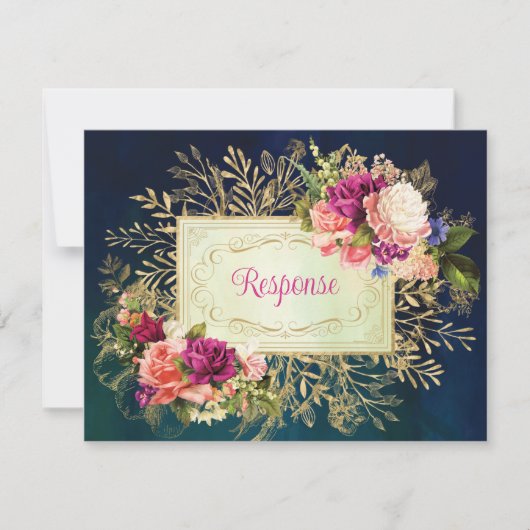 ティール（緑がかった色）、海軍、グリーン、金ゴールドはっきりした花模様結婚ズ 出欠カード (正面)