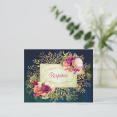 ティール(緑がかった色)、海軍、グリーン、金ゴールドはっきりした花模様結婚ズ 出欠カード (スタンド正面)