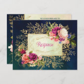 ティール（緑がかった色）、海軍、グリーン、金ゴールドはっきりした花模様結婚ズ 出欠カード (正面/裏面)