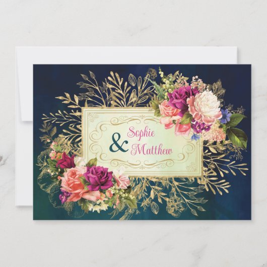 ティール（緑がかった色）、海軍、グリーン、金ゴールドはっきりした花模様結婚ズ 招待状 (正面)