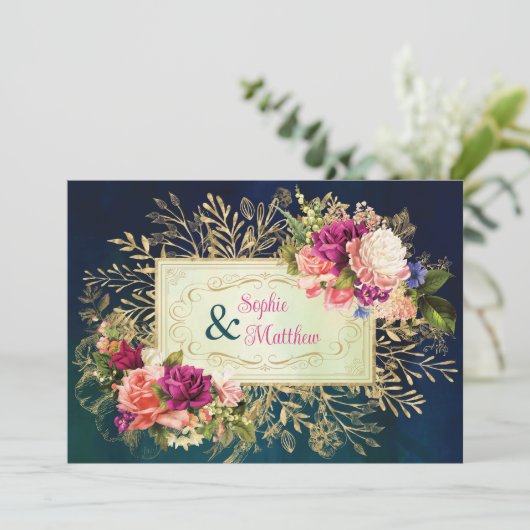 ティール(緑がかった色)、海軍、グリーン、金ゴールドはっきりした花模様結婚ズ 招待状 (スタンド正面)