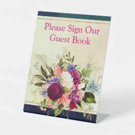 ティール（緑がかった色）、海軍、グリーン、金ゴールド花模様結婚のサイン 台座サイン