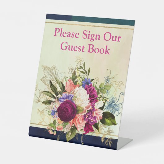 ティール(緑がかった色)、海軍、グリーン、金ゴールド花模様結婚のサイン 台座サイン (正面)