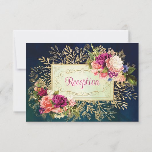 ティール(緑がかった色)、海軍、金ゴールドはっきりした花模様結婚のエンクロージャ 招待状 (正面)