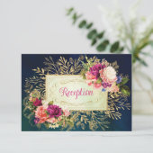 ティール(緑がかった色)、海軍、金ゴールドはっきりした花模様結婚のエンクロージャ 招待状 (スタンド正面)