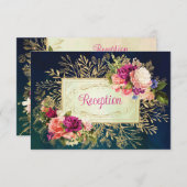 ティール(緑がかった色)、海軍、金ゴールドはっきりした花模様結婚のエンクロージャ 招待状 (正面/裏面)