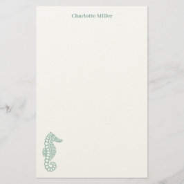 ティール（緑がかった色）海馬ブロックプリント沿岸パーソナライズされた 便箋