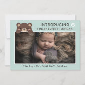 ティール(緑がかった色)淡い色のかわいいクマ紹介ベビー発表 案内状 (正面)