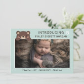 ティール(緑がかった色)淡い色のかわいいクマ紹介ベビー発表 案内状 (スタンド正面)